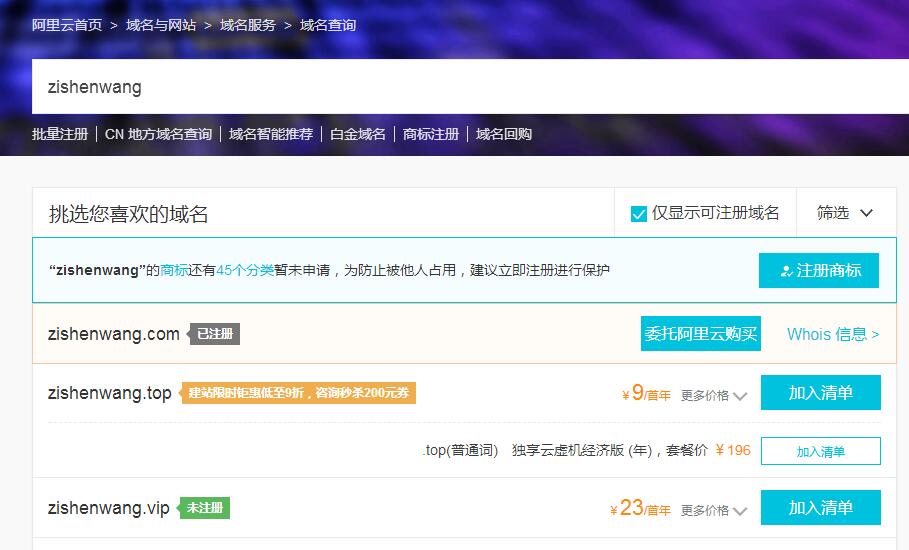 域名搜索結果頁
